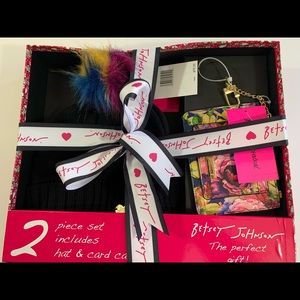 Betsey Johnson Black Pom/Pom Beanie & Card Case Wallet Boxed Set